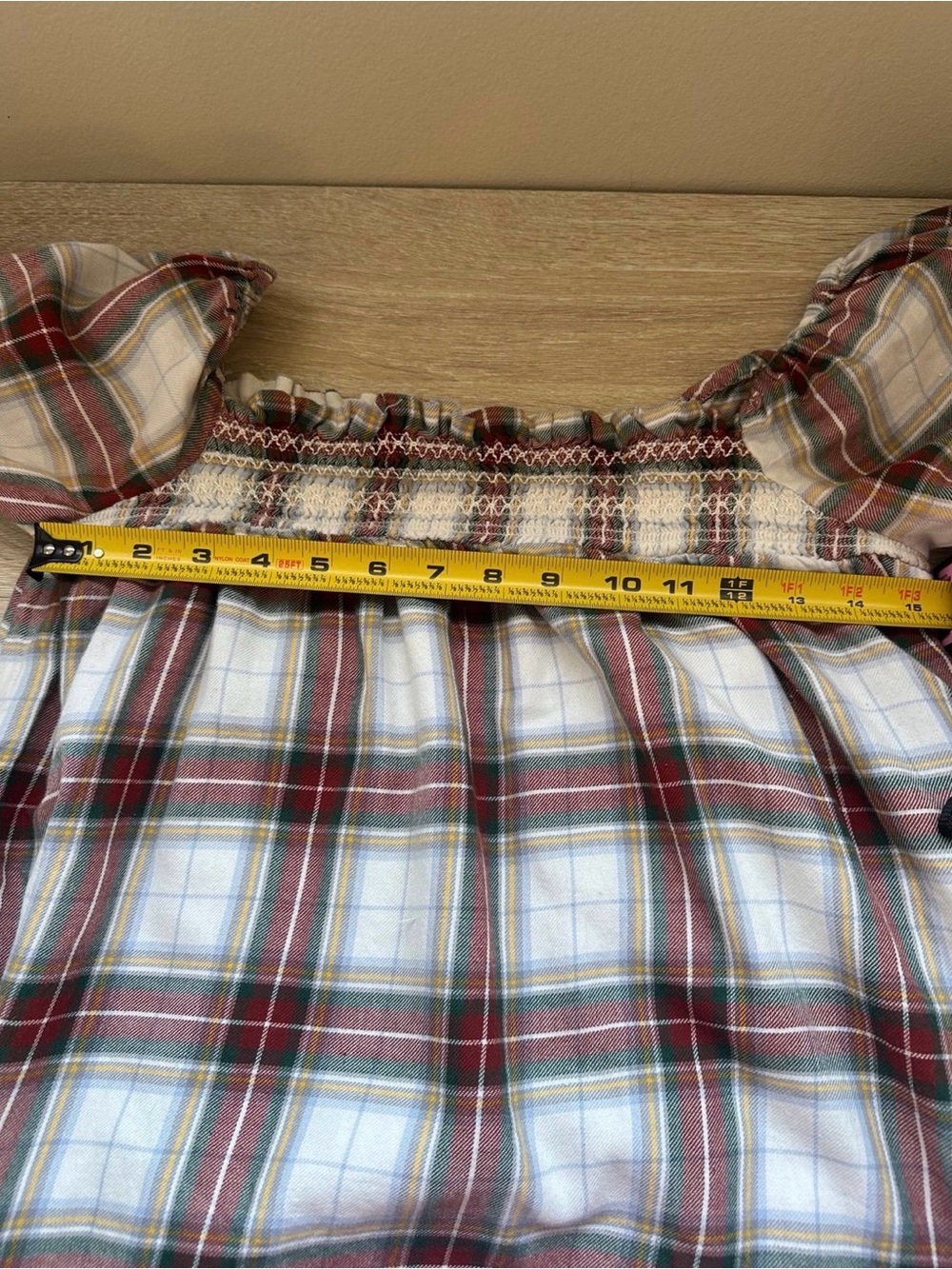 American Eagle Outfitters Plaid Smocked Peasant Dress in Red, Green, White - Picture 7 of 8